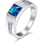 GoldChic Jewelry Silver Signet Rings Crystal Ring for Women Men, Personalized Stainless Steel Pinky Ring with Blue Topaz Black Onxy Birthstone Statement Ring