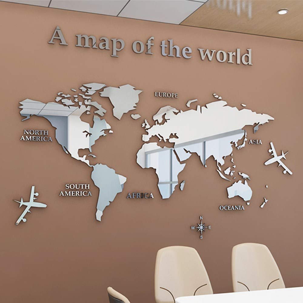 3D World Map Stickers Wall Decoration Art Sticker for Office Study Living Room Bedroom Sofa Background Room Decor Wall Decals Stickers (280 * 146cm, Silver)