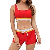 Cromi Women Two Piece Athletic Swimsuits, High Waisted Bikini Set Sporty Crop Top with Boy Shorts Bathing Suits for Teen