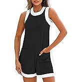 Yousify Women's Summer Casual Rompers Color Block Sleeveless Crewneck Jumpsuit Cotton Loose Shorts Overalls with Pockets