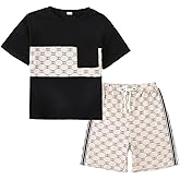 Ayzozuy Tween Boys' 2PCS Outfit Color Block T-Shirt and Geometric Pattern Shorts Set Summer Clothes for Kids Size 7-14