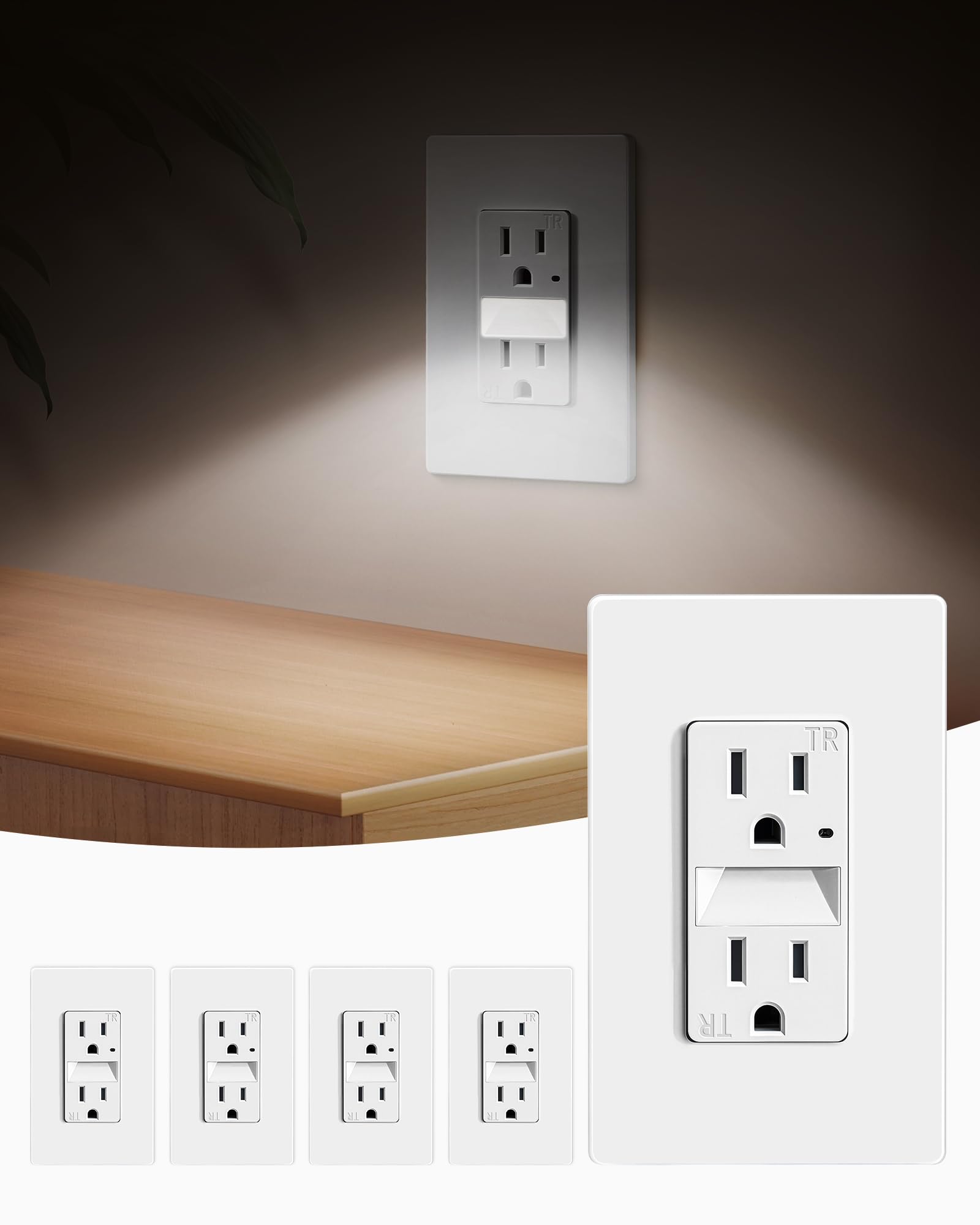 Photo 1 of SURAIELEC 15AMP Outlet with Guidelight, Dusk to Dawn Night Light, 6000K Cool White LED Guide Light, Tamper Resistant Electrical Receptacle, ETL Listed, Screwless Wall Plate Included, White, 5 Pack