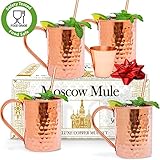 Benicci Moscow Mule Copper Mugs - Set of 4 - 100% HANDCRAFTED - Food Safe Pure Solid Unlined Copper Mugs 16 oz Gift Set - BONUS Highest Quality Copper Shot Glass and Cocktail Straws - Christmas Gift