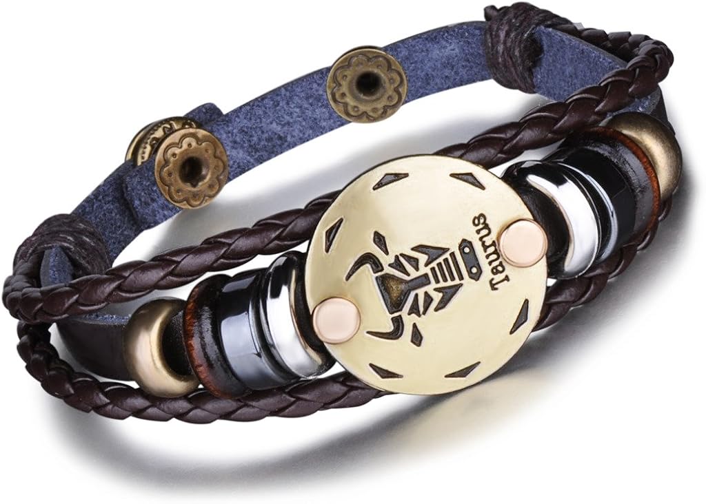 Infinite U Retro Punk Mens Womens 12 Constellation Zodiac Sign Bracelet Braided Leather Alloy Charm Bracelet Multilayer Wristband Bangle