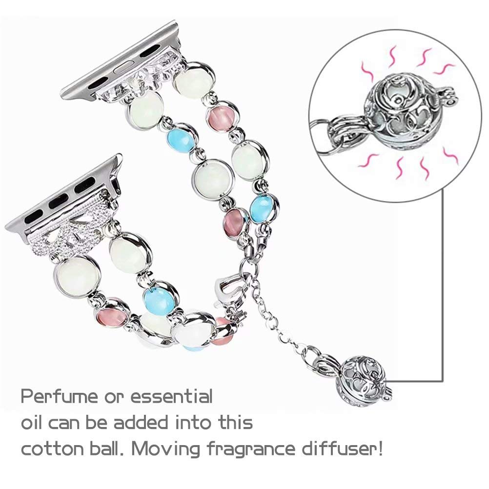 Handmade Bracelet Watch Band Strap Wristband 38mm/40mm Series 5 4 3 2 1, Crystal Pearl Night Luminous Strap Beads, for Women Girls 5.5-7 inch (Silver)