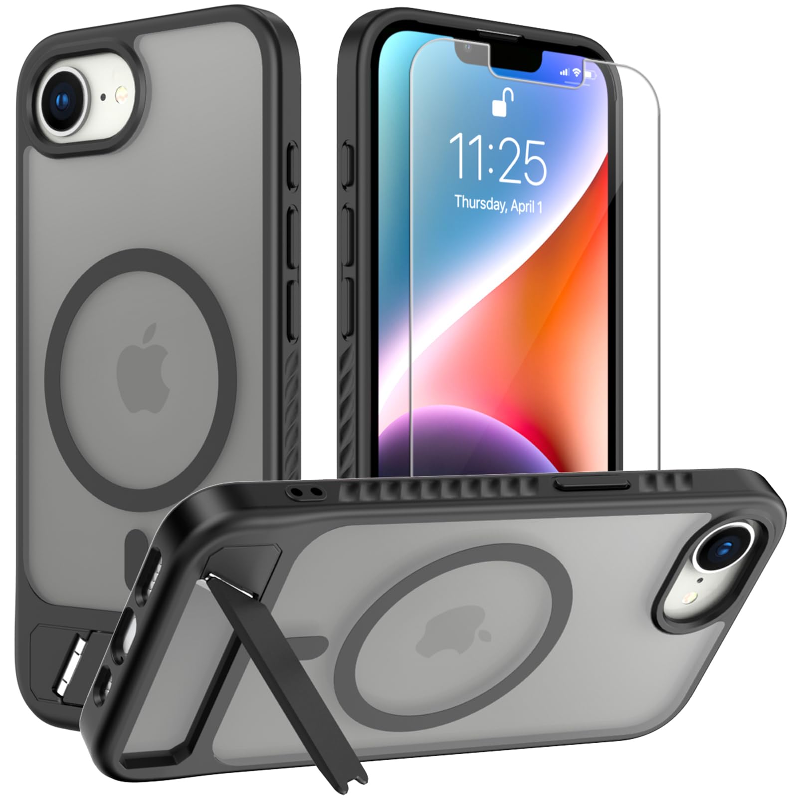 for iPhone 16E / iPhone 17E case: [fit for Magsafe] Strong Magnetic & Invisible Stand, with Screen Protector, Adjustable Kickstand Frosted Translucent Matte Phone Case for iPhone 17e/16e, Black