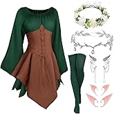 Renaissance Dresses Medieval Costume for Women Fairy Crown Elf Ear Cuffs Irish Dress Halloween Cosplay