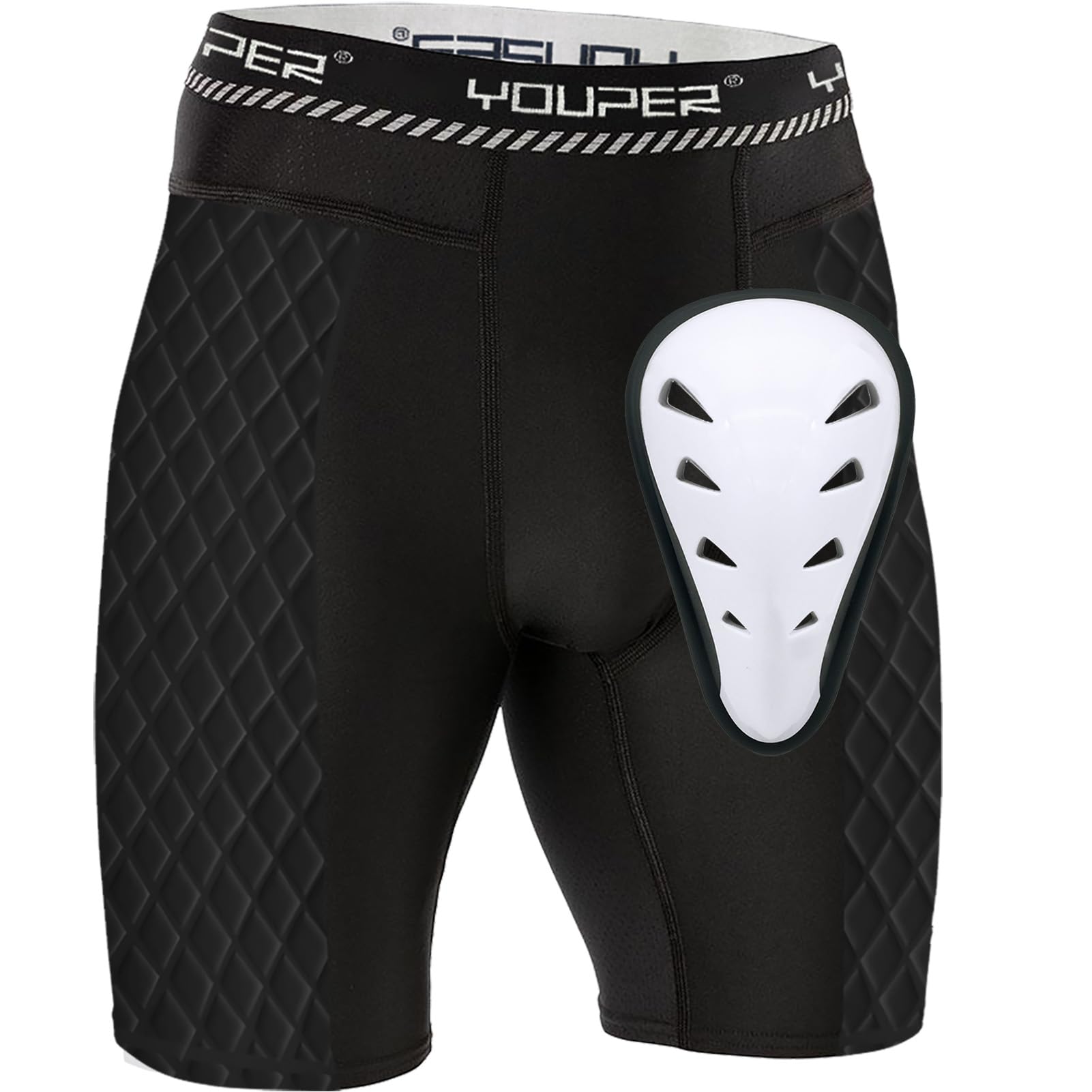 Photo 1 of Youper Adult Elite Compression Padded Sliding Shorts w/Protective Athletic Cup for Baseball, Football (Black/Striped, Small)