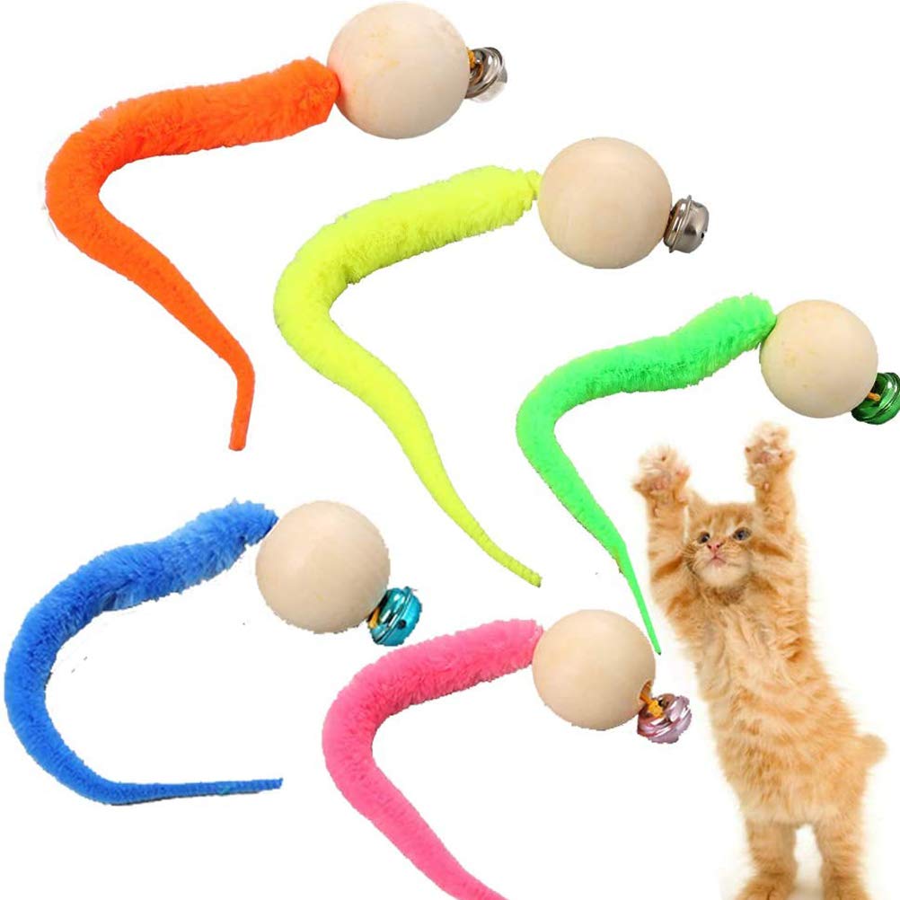 Tianbi 5pcs Interactive Cat Worm Ball with Bell, Funny Wobbly Balls, Cat Bell Toy, Furry Tail Worm with Bell Interactive Cat Chaser Toys,Colourful Kitty Toy