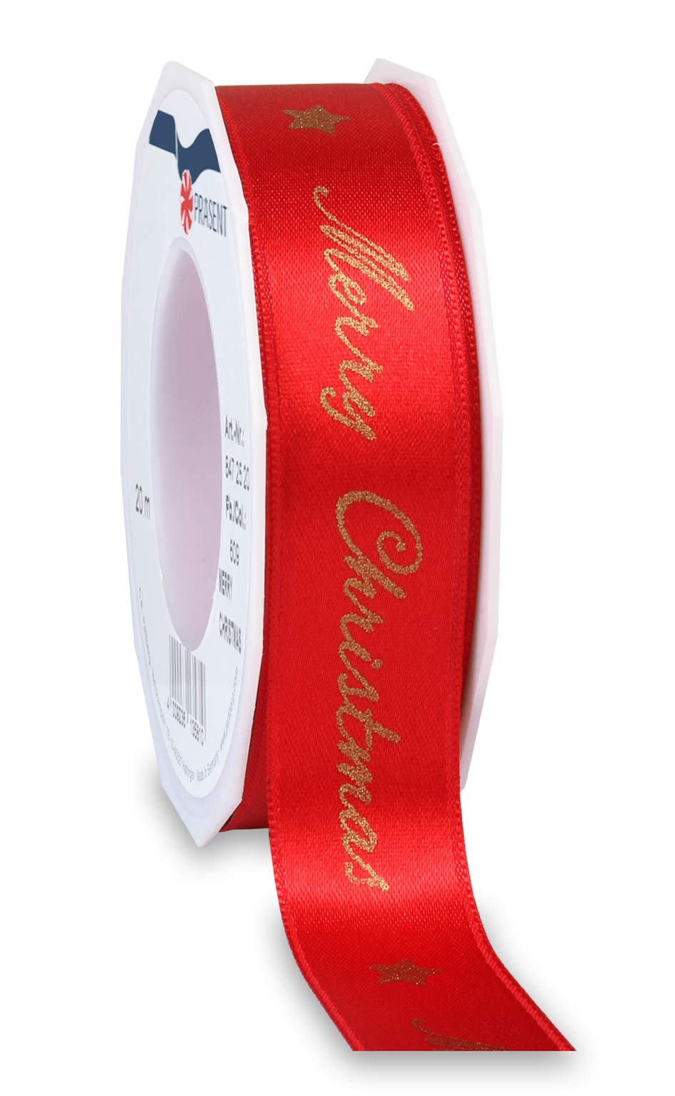 Präsent - Merry Christmas Printed Satin Ribbon Red 25 mm Width, 20 m Length