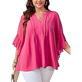 SCOMCHIC Women's Plus Size Blouse 3/4 Sleeve V Neck Chiffon Dressy Casual Shirts Business Work Office Tunic Tops XL-5XL