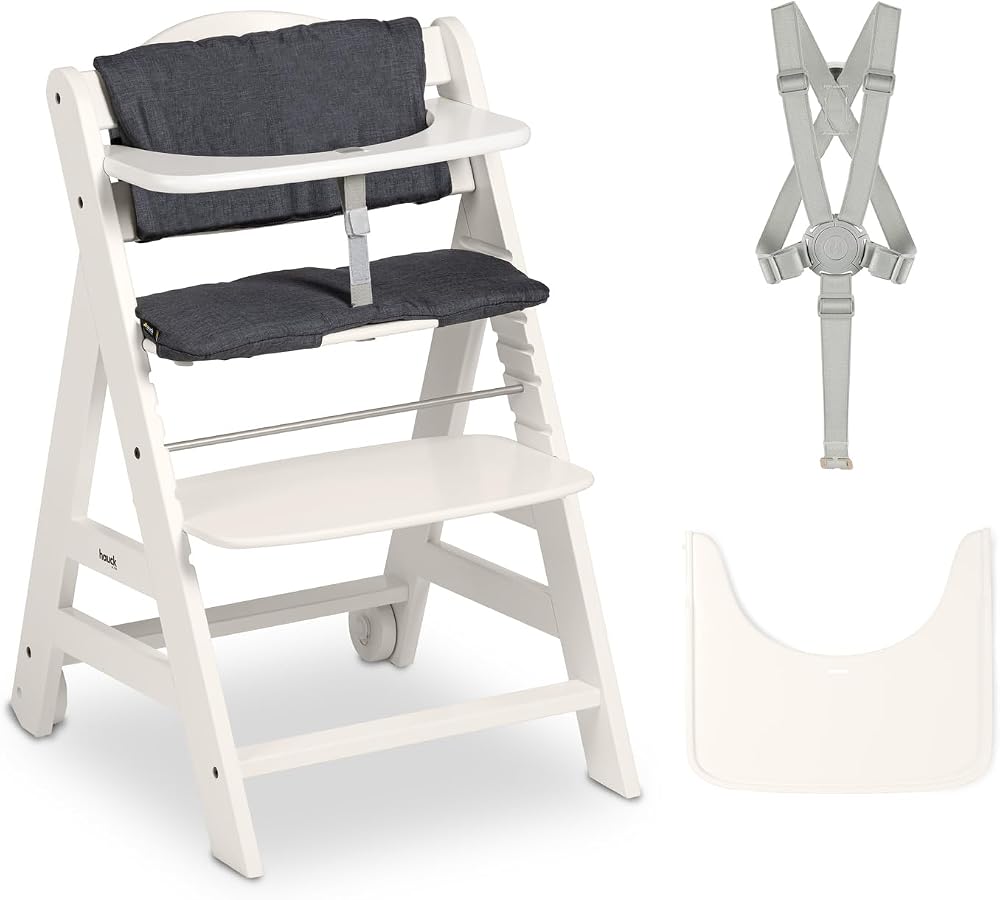 hauck Beta+ White Wooden High Chair Set 6 Months to 90 kg with Wheels