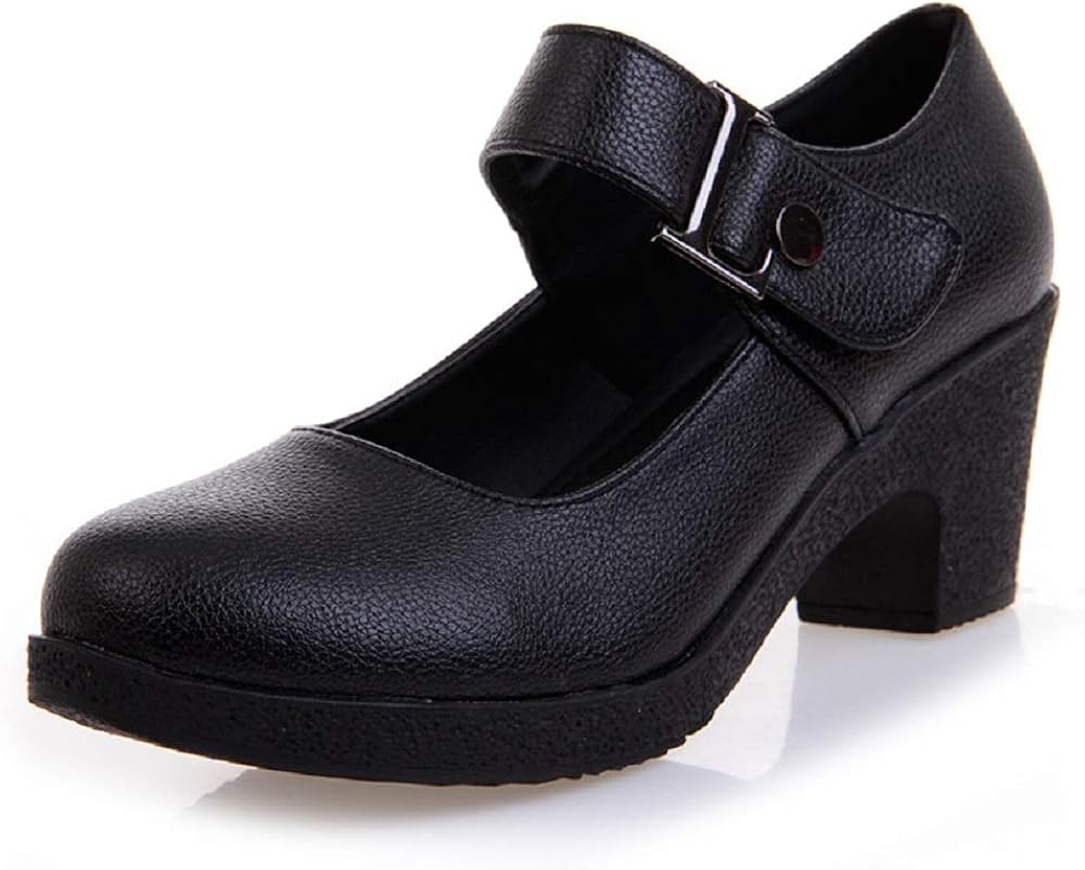 Women Soft Leather Rubber Shoes Block Heel Round Toe Platform Mary Jane