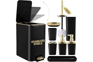 XLHOMO Black Bathroom Accessories 8 Piece Black and Gold Bathroom Set, Bathroom Accessories with Stainless Steel Bathroom Trash Can,Toilet Brush,Toothbrush Set,Soap Dispenser