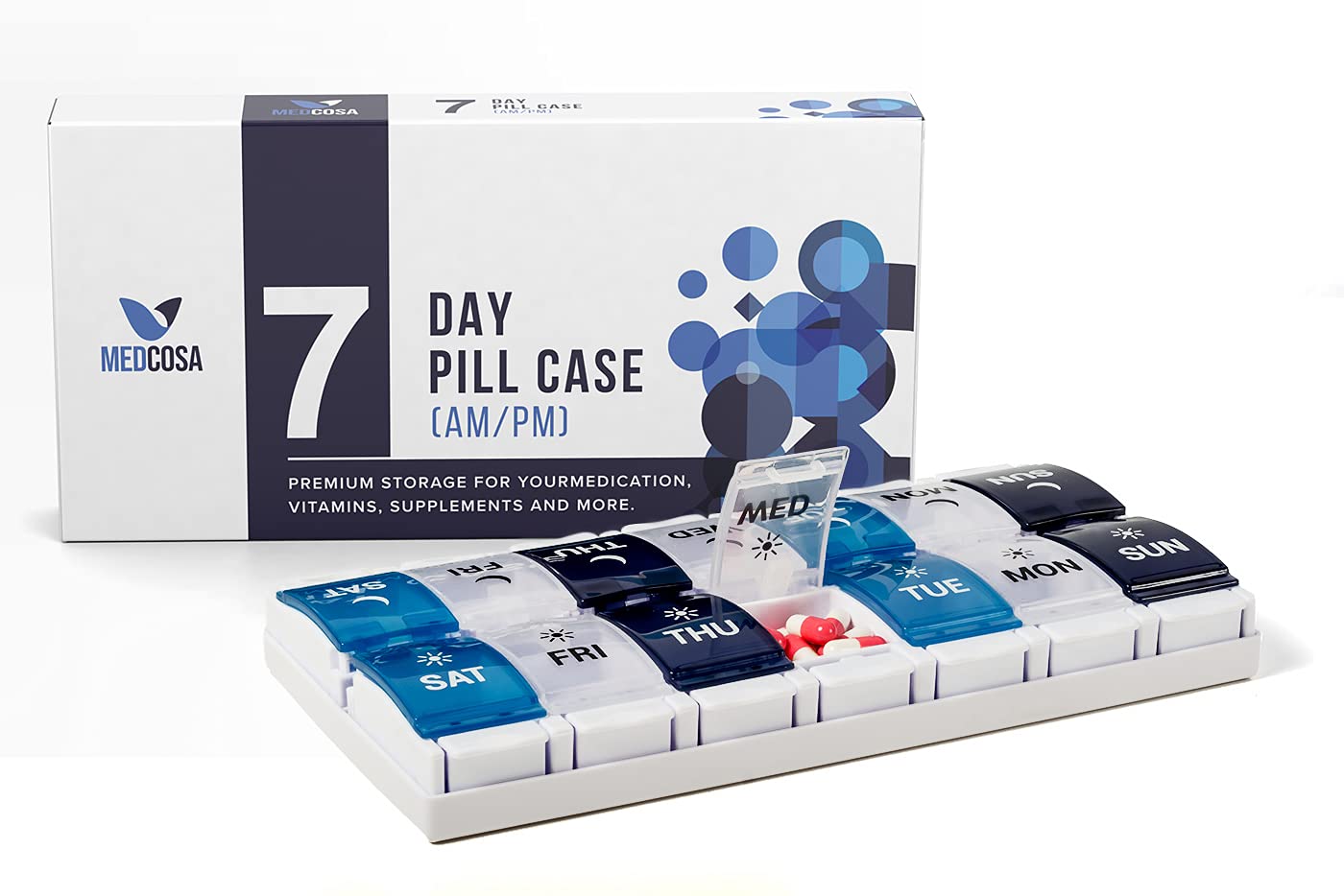 Medcosa 7 Days Pill Case | Goodbye Spilled Pills | AM & PM Medicine Organizer | 2 Times A Day Supplement Box with 14 Compartments