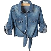 AMEBELLE Women's Roll Up 3/4 Sleeve Tie Front Knot Shirt Chambray Denim Crop Top