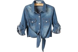 AMEBELLE Women's Roll Up 3/4 Sleeve Tie Front Knot Shirt Chambray Denim Crop Top