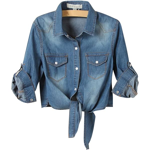 Women's Denim Shirt 3/4 Sleeve Tie Front Top Knot Chambray