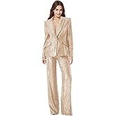 RDACZU 2 Piece Sequin Suits for Women Glitter Sparkly Notch Lapel Women Suit V Neck Womens Dressy Suits for Party Prom