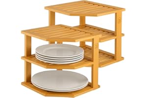 BAMBÜSI 2-Pack Plate Organizer for Cabinet - Bamboo Corner Shelf for Kitchen or Bathroom Storage, Space-Saving Rack for Dishes, Countertop, Cabinet, Pantry - Organization & Housewarming Gift