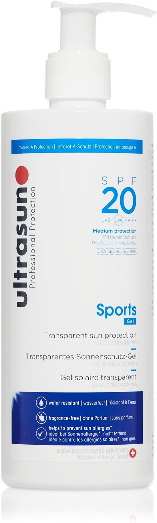 Ultrasun Sports Gel SPF20 400ml - Liposome Technology, Airless Dispenser