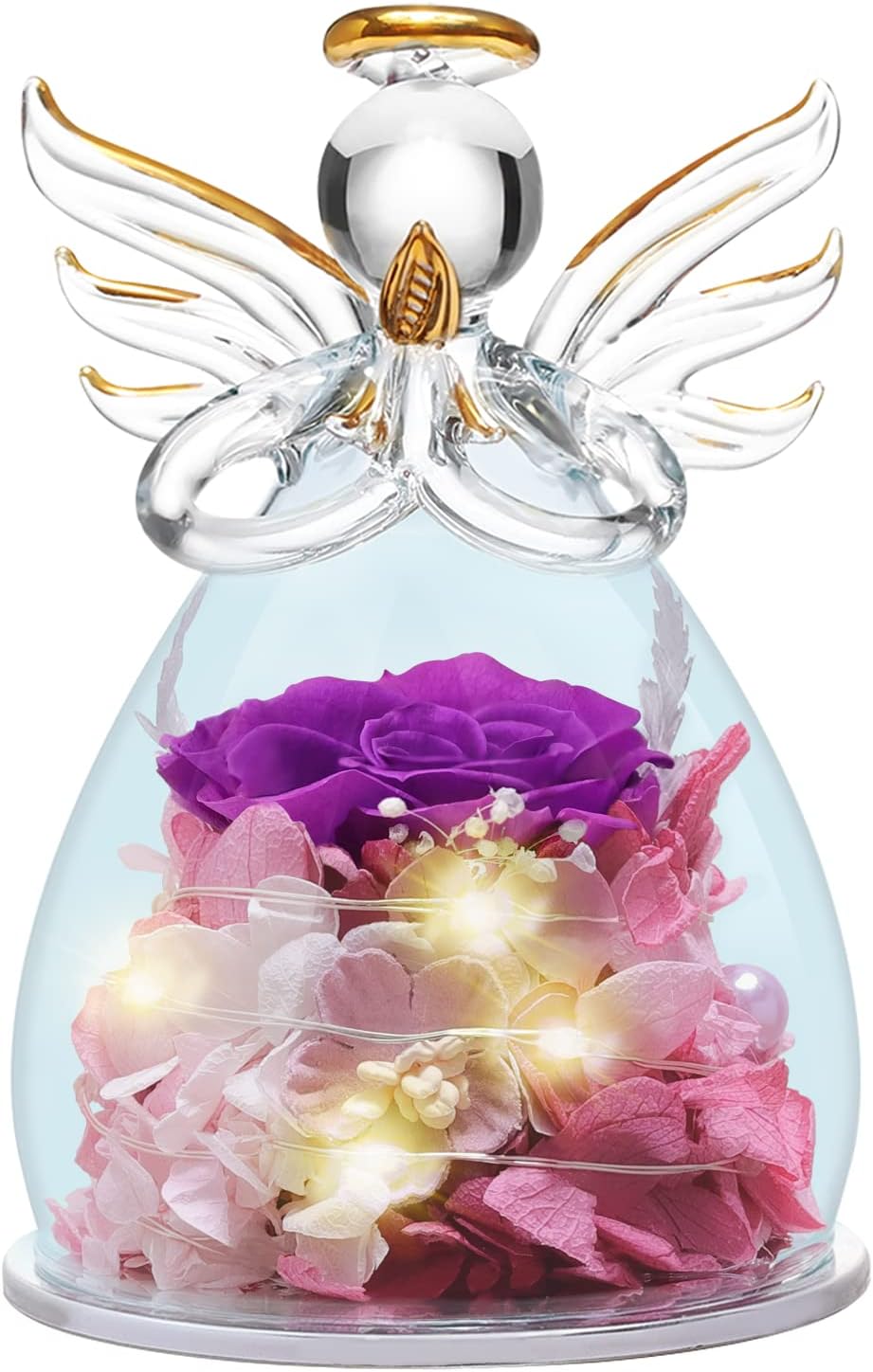 Dried & Preserved Flora - ANLUNOB Birthday Gifts for Mon Gifts for Grandma Angel Figurines Gifts with LED Light Rose Flower Rose in Angel Statue Glass Cover Women Gifts Valentines Anniversary Wedding Gifts