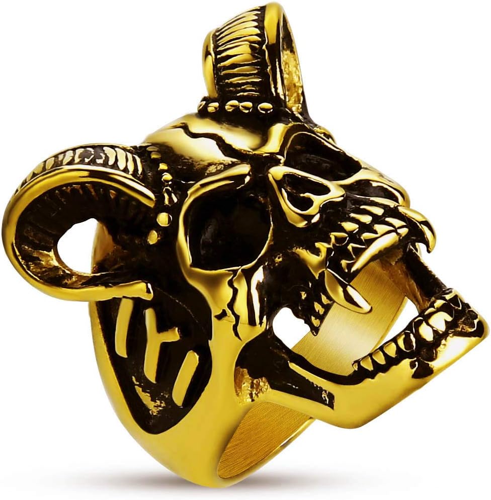 Men's Cool Horn Goat Skull Ring Stainless Steel Motorcycle Biker Zombie Vampire Skull Ring Size 7-13