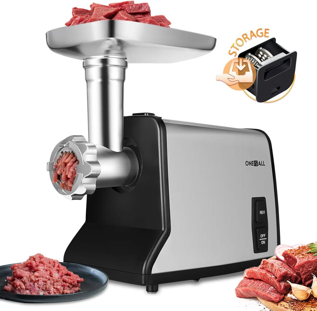 Upgrade Meat Grinder Electric, ONEISALL Stainless Steel Meat Mincer & Sausage Stuffer,【1200W Max】【Concealed Storage Box】 Sausage & Kubbe Kit Included, 3 Stainless Steel Grinding Plates and 1 Blade