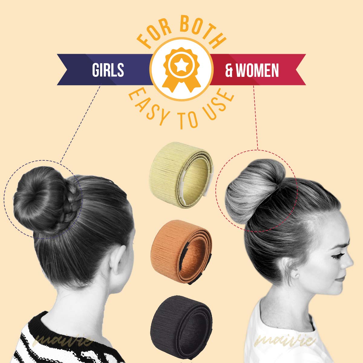 Hair Buns Maker - Fast Messy Perfect Sock Bun Magic Curler Clip French Donut Twist Shaper - Easy DIY Accessories Styling Tool for Women Girls - 3 PCS (Black, Blonde, Brown color) and 1 Hair Tie