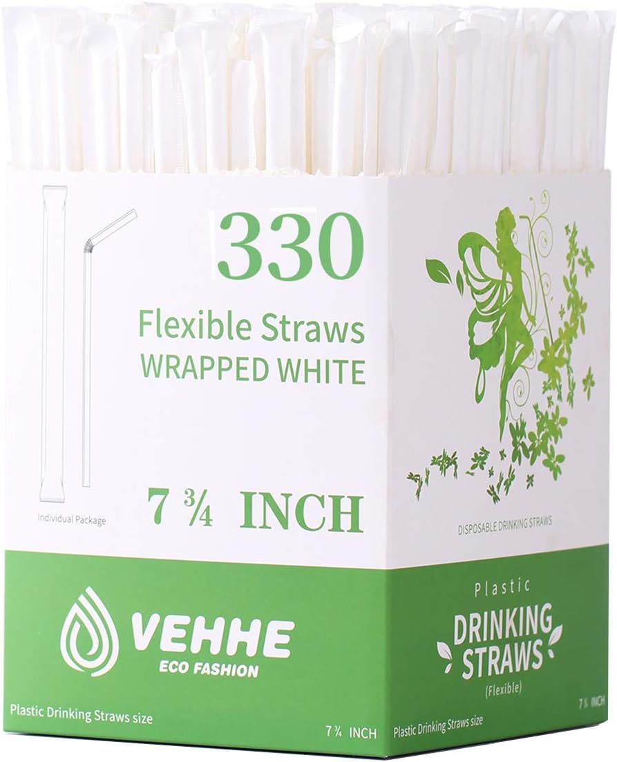 VEHHE Plastic Straws Disposable Drinking Straw Individually Wrapped 330Pack, Restaurant Style