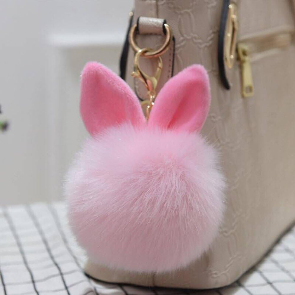 Yeooyoor12 cm Rabbit Ears Fur Ball Bag Charms with Golden Keyring Pom Pom, Fluffy Fur Ball Keychain for Car Keyring, Charm Gift