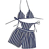 QJQ Women's 3 Pieces Striped Thong Bikini Set Halter Triangle Boho Bathing Suits with Textured Cover Up Shorts