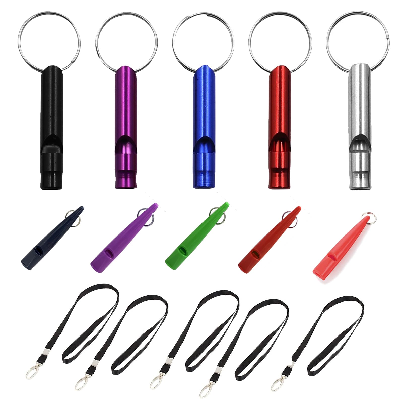 KPSRFG 15Pcs Dog Whistle Set for Recall, Dog Training Whistle for Recall, 5 Plastic and 5 Aluminum Whistles with 5 Black Lanyards, Ideal for Dog Training and Stopping Barking, Puppy Training
