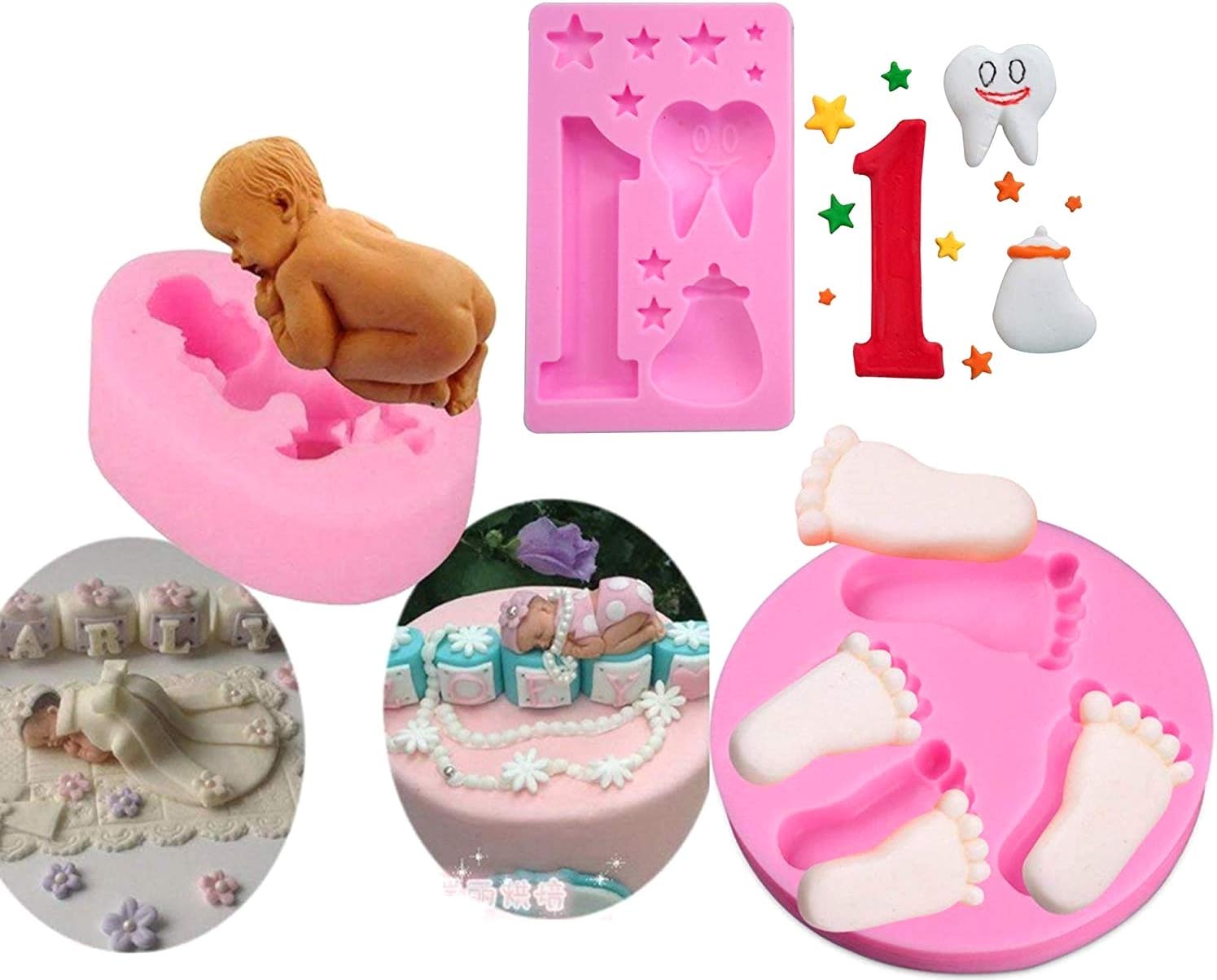 stbeyond Baby Cake Fondant Mold, 3D Silicone Baby Feet, Sleeping Baby, Baby One-year-old Birthday Theme Cake Decorating Mold Chocolate Mold Baking Tool, Set of 3