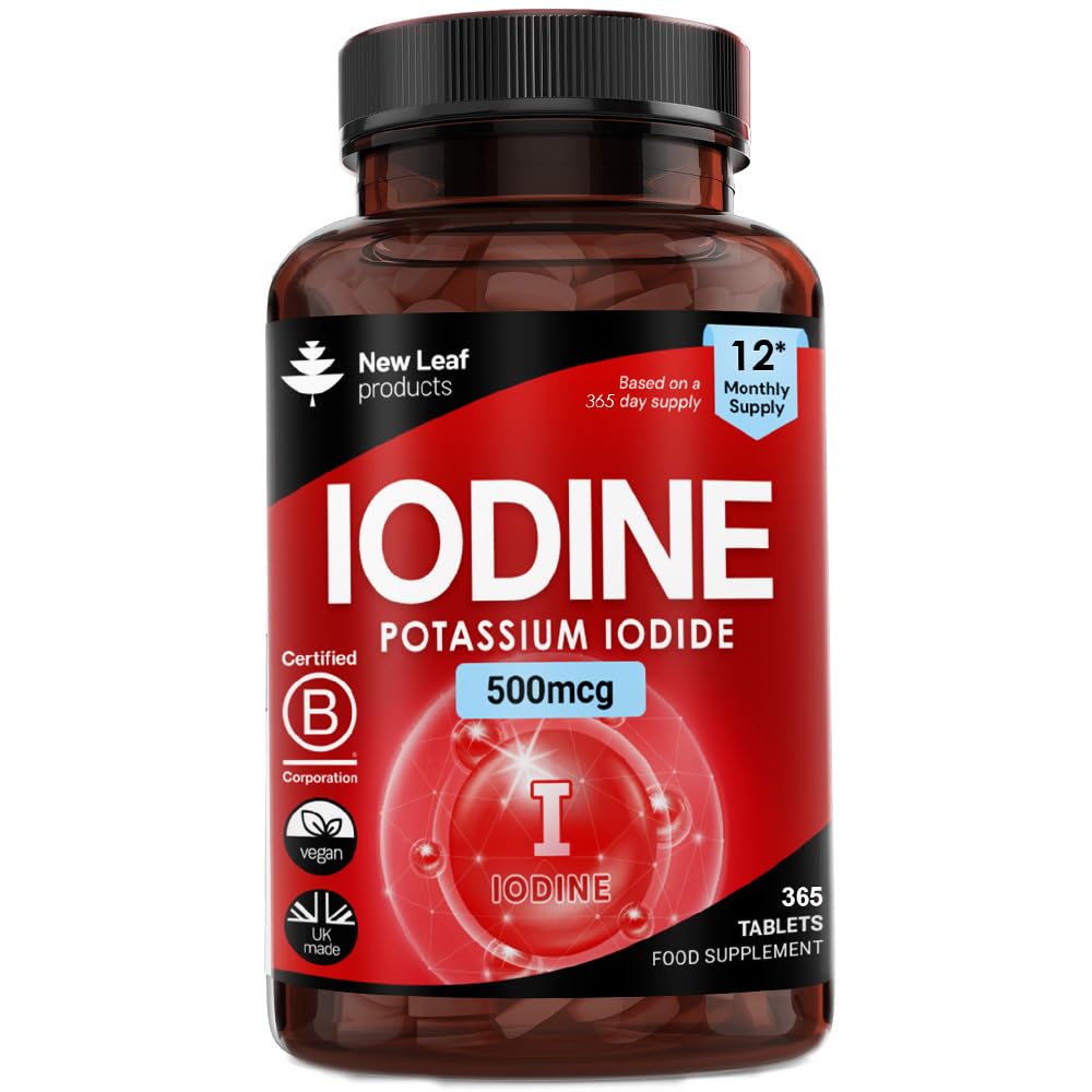 Iodine Tablets 500mcg 365 (1 Year Supply) Vegan High Strength Tablets Iodine Supplements, Natural Source of Iodine from Potassium Iodide GMO Free, GMP, Made in UK by New Leaf