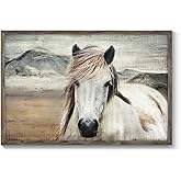 Wooden Horse Pictures Wall Art: Framed Vintage Horse painting Western Wild Prints Farmhouse Rustic Artwork Ideal for Living Room Bedroom Bathroom