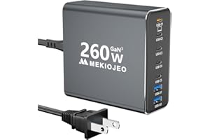 MEKIOJEO Aluminum Alloy 260W USB C Charger GaN Fast USB C Charging Station 7 Ports 65W Laptop Charger for MacBook Pro/Air/iPad Pro/iPhone (Gray)