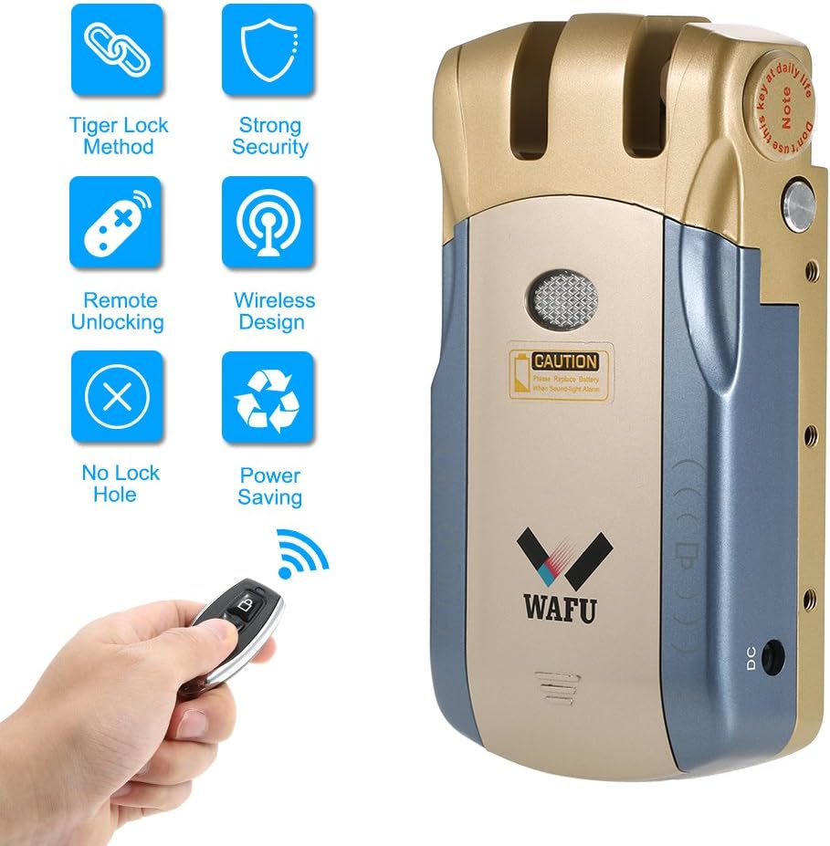 WAFU Wireless Security Invisible Keyless Entry Door Lock Home Smart Remote Control Lock with 4 Remote Keys