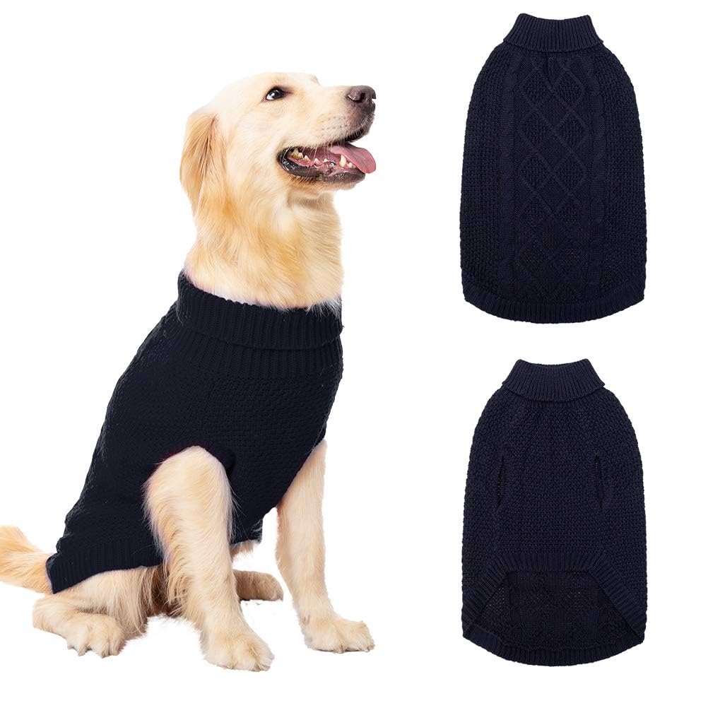 Mihachi Turtleneck Dog Jumper - Dog Sweater Winter Coat Apparel Classic Cable Knit Clothes with Leash Hole for Cold Weather