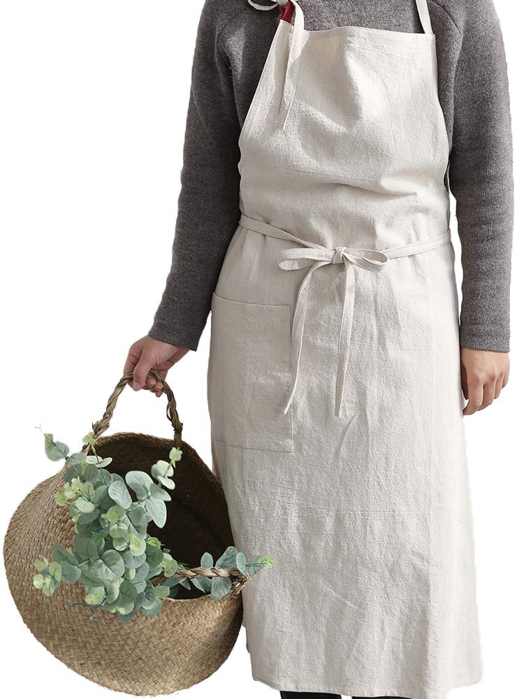UHEIM Premium Free Size Linen Bib Apron Kitchen Apron with Large Pocket 9 Colors (Beige)