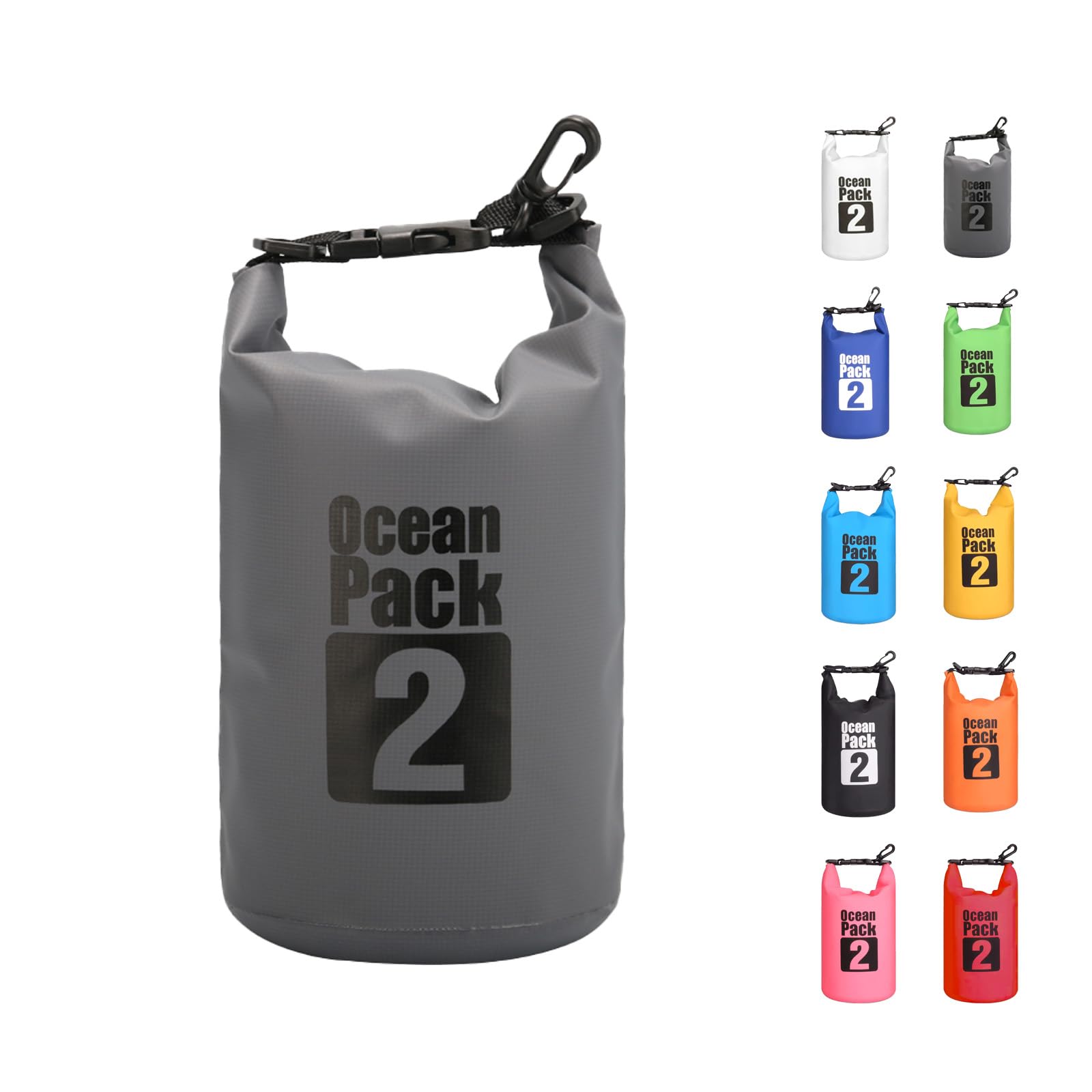 MORAINJAY 2L Grey Dry Bag,Waterproof Bag with D Ring Carabiner,Small Capacity Dry Sack 2L 5L 10L 15L 20L 30L for Outdoor Camping,Rafting,Swimming,Boating,Surfing