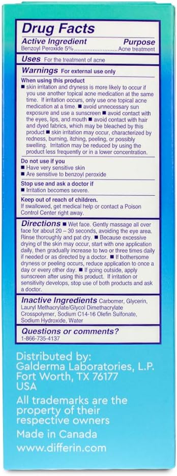 Facial Cleanser by Differin, Acne Face Wash w/ Benzoyl Peroxide, Sensitive Skin Formula, 1 pack, 4Oz, Basic (60600): Beauty