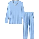 MoFiz Mens Pajama Set Long Sleeve V Neck 2 Piece Nightwear Loungewear Sleepwear Modal Pants With Pockets Pj's Sleep for Men