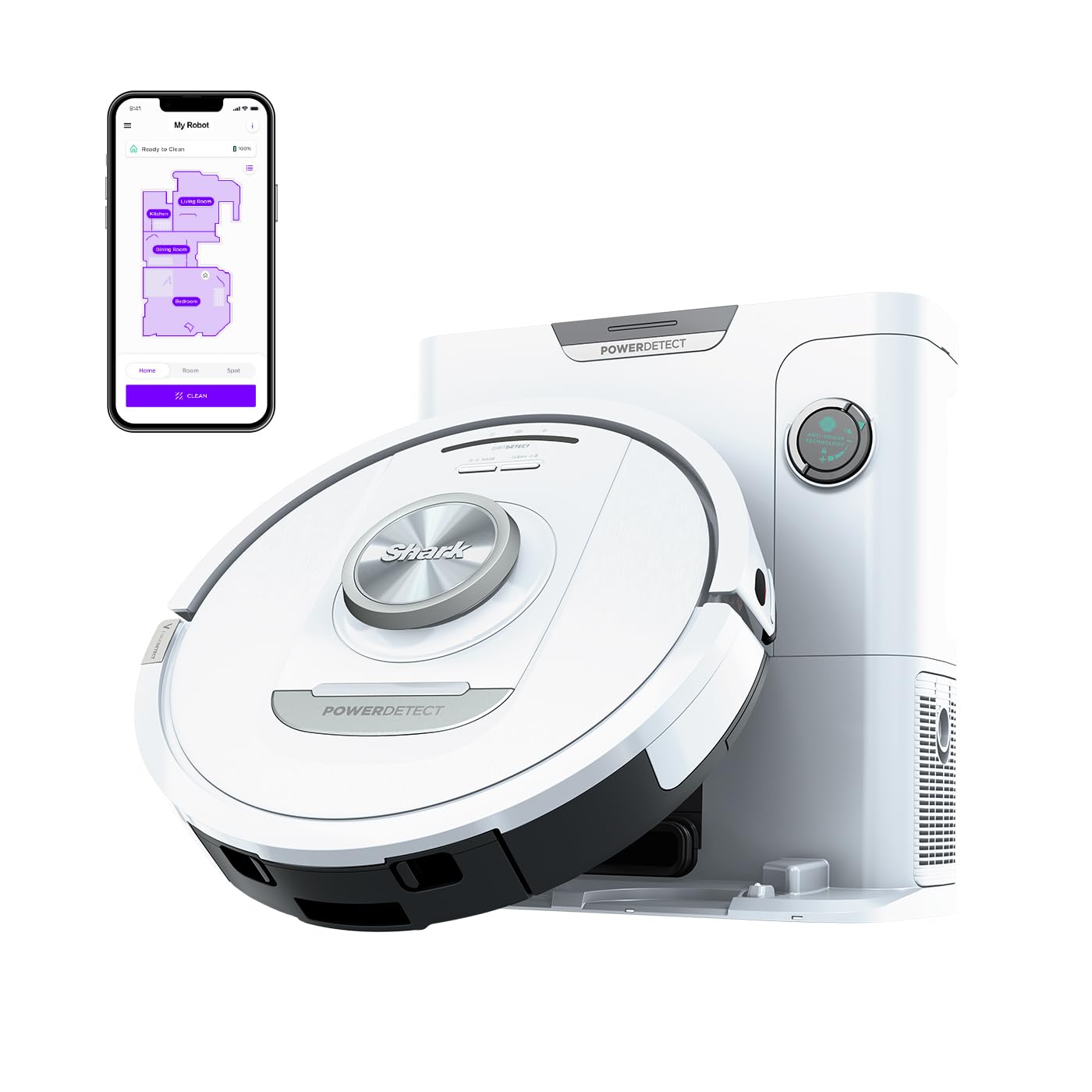 Shark PowerDetect Aspirapolvere Robot Autosvuotante, Mappatura 3D LiDAR, Antiallergeni, Antiodore, Evitamento Ostacoli NeverStuck, Tappeti, Pavimenti, Peli di Animali, Wi-Fi, App, Bianco, AV2820VEEUWH