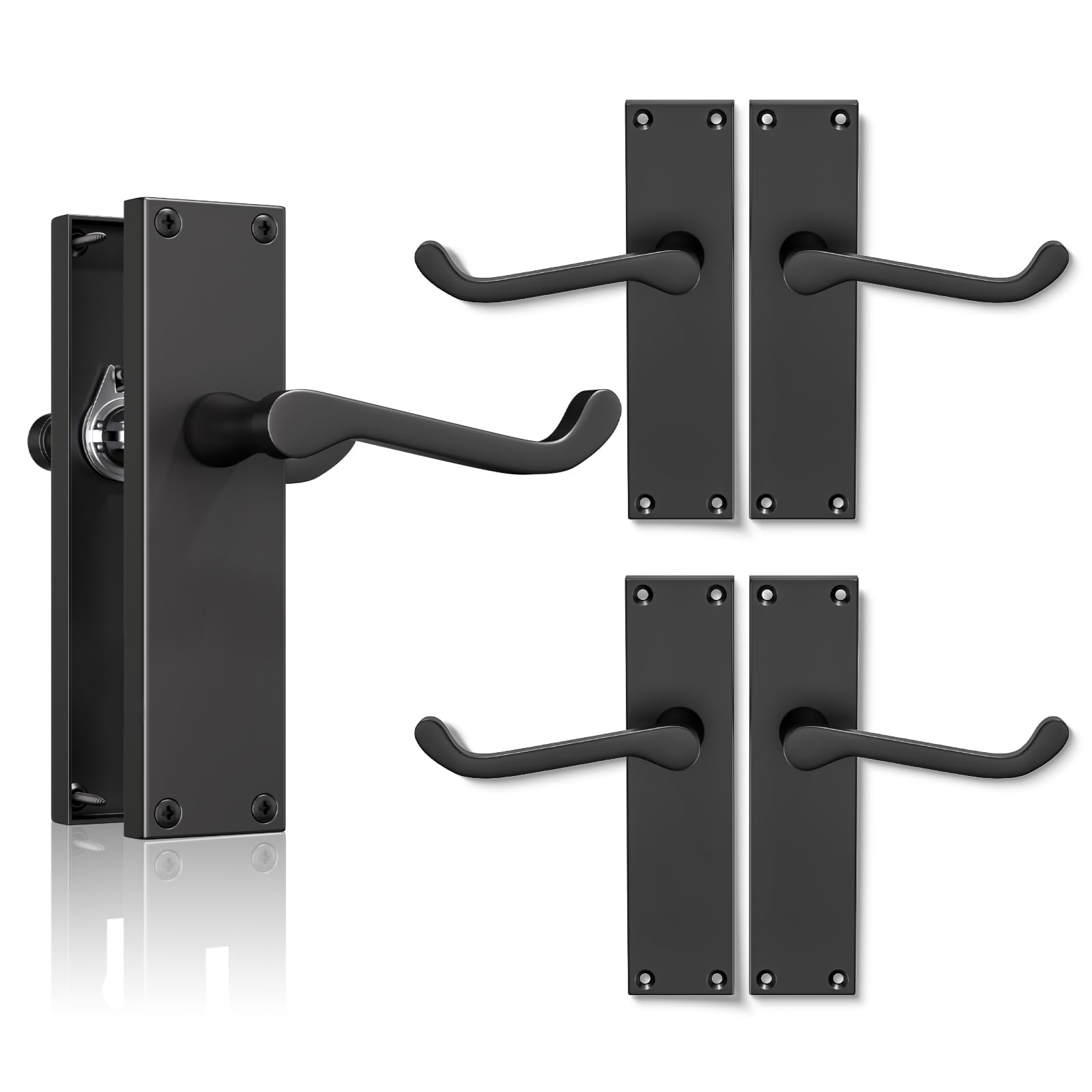 Bwintech 3 Sets Matt Black Victorian Lever on Plate, Latch Furniture, Backplate Door Handles,Suitable for Wooden Doors