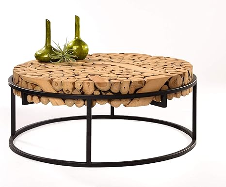 Vakarua Taiga Coffee Table Teak Wood Coffee Table Round Stainless Steel Amazon De Kuche Haushalt