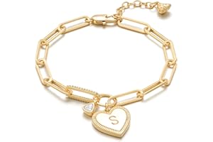 MYEARS Gold Initial Bracelets for Women 14K Gold Plated Heart Letter Charm Bracelets with Cubic Zirconia Adjustable Paperclip Chain, Personalized Jewelry Gift for Her