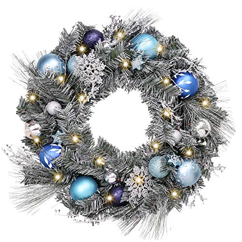 Valery Madelyn Pre-Lit 24 Inch Winter Wishes Blue Silver Christmas Wreath for Front Door with Artificial Greenery Frosted Spruce, Christmas Ball Ornaments and Snowflake, Battery Operated 20 LED Lights