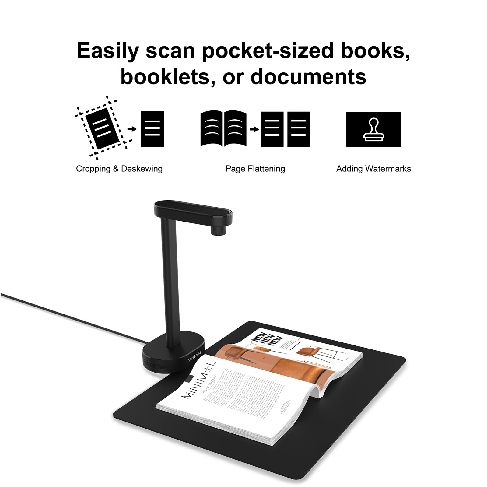 VIISAN A8401 Document Scanner Camera: 16MP Output, Portable USB Camera for Laptop/Desktop, Deskewing, Multiple Page Documents Scanning, OCR & TTS Tech, Works with Windows & MacOS