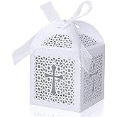 KPOSIYA 70 Pack Baptism Favor Boxes,Laser Cut Candy Boxes with Ribbons, Party Favor Small Gift Boxes for Baby Shower Baptism Decorations First Birthday Party Christening Favor (White-70)